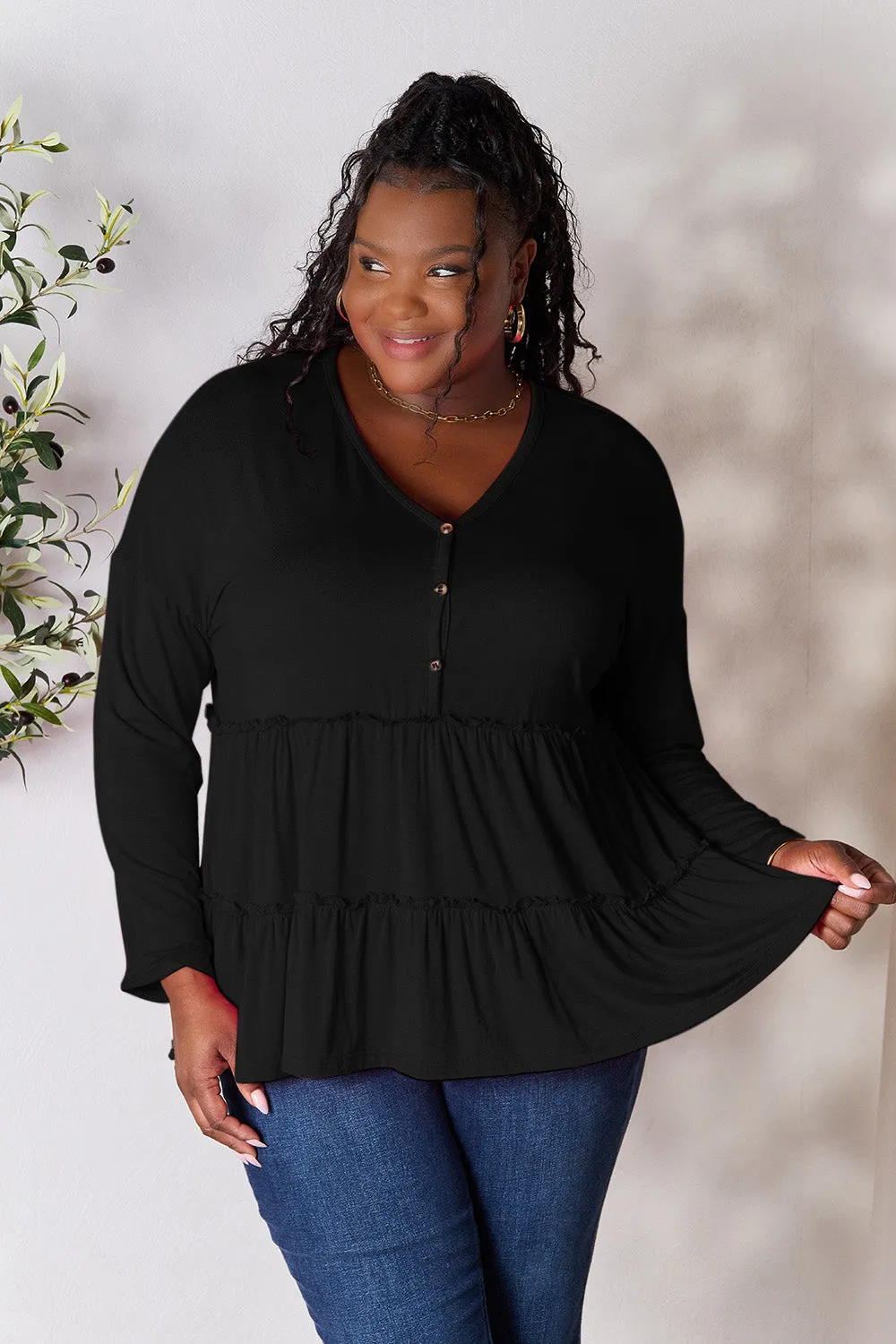 Polly Half Button Long Sleeve Ruffle Hem Top