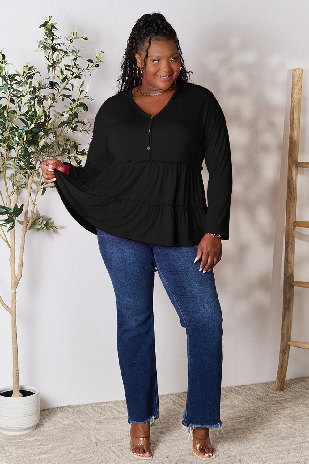 Polly Half Button Long Sleeve Ruffle Hem Top