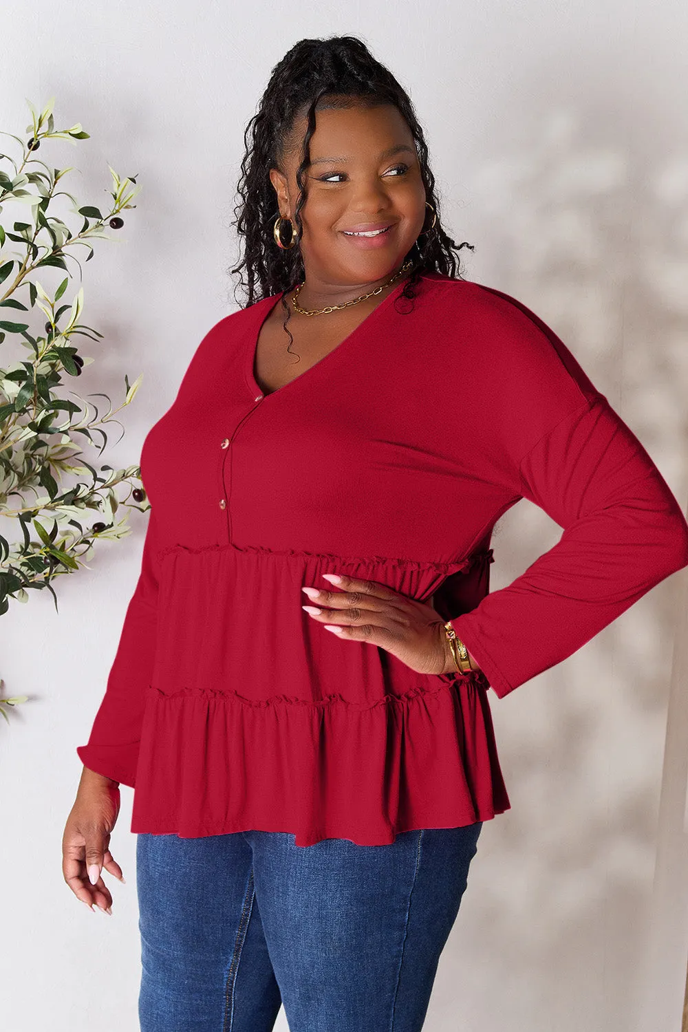 Polly Half Button Long Sleeve Ruffle Hem Top