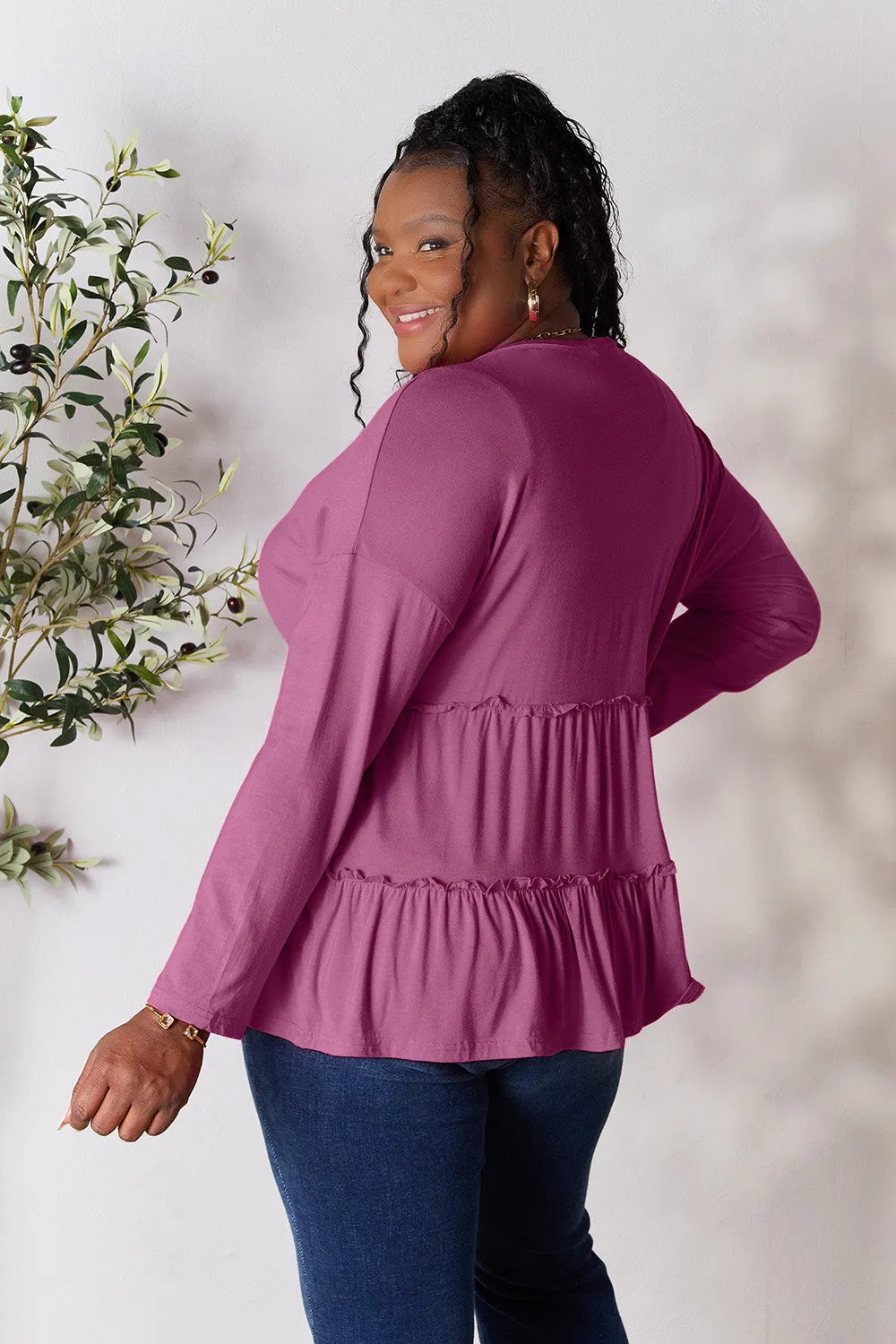Polly Half Button Long Sleeve Ruffle Hem Top