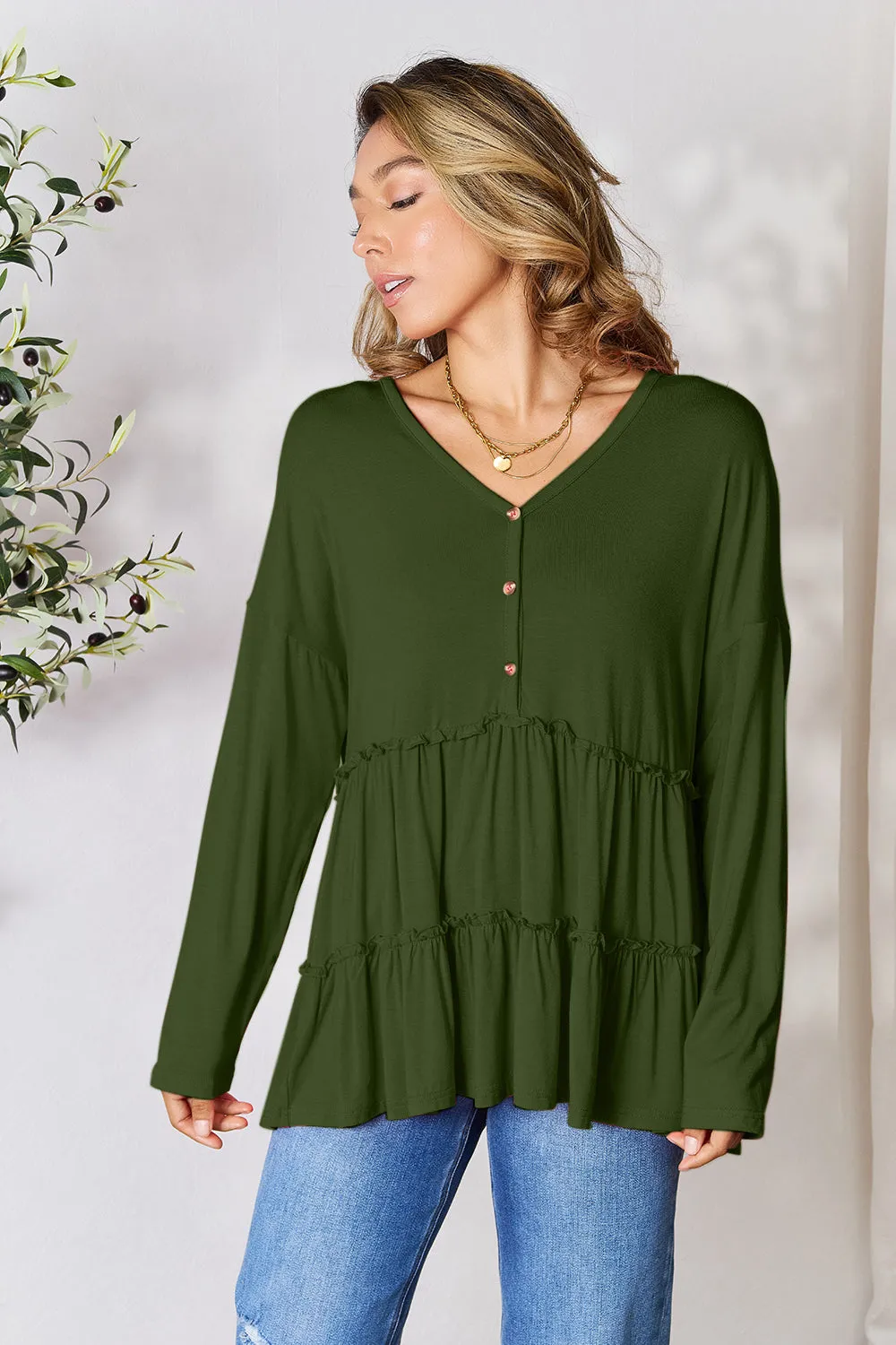 Polly Half Button Long Sleeve Ruffle Hem Top