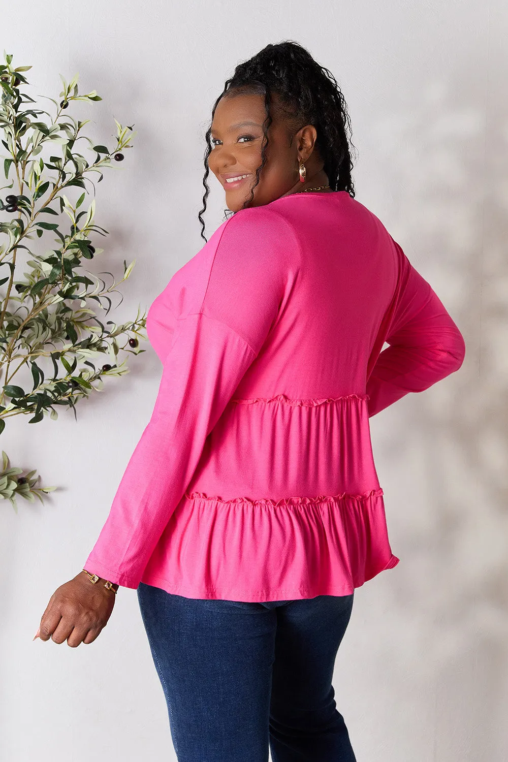 Polly Half Button Long Sleeve Ruffle Hem Top
