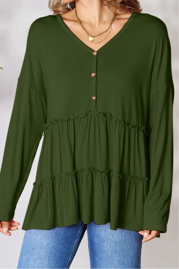 Polly Half Button Long Sleeve Ruffle Hem Top