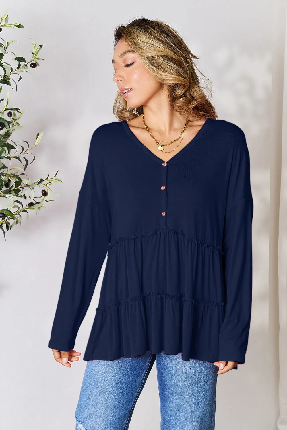 Polly Half Button Long Sleeve Ruffle Hem Top