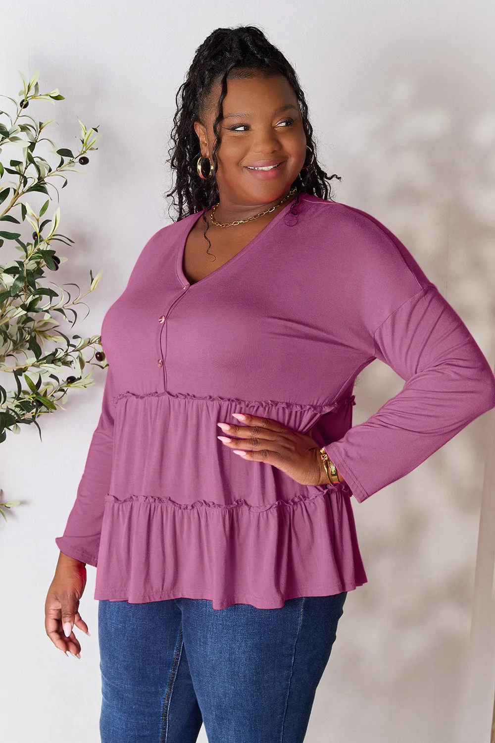 Polly Half Button Long Sleeve Ruffle Hem Top