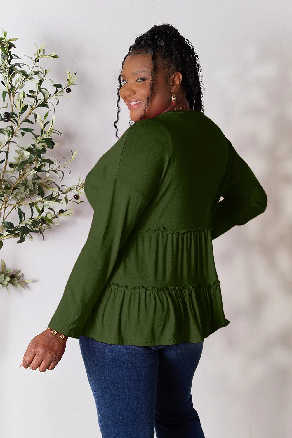 Polly Half Button Long Sleeve Ruffle Hem Top