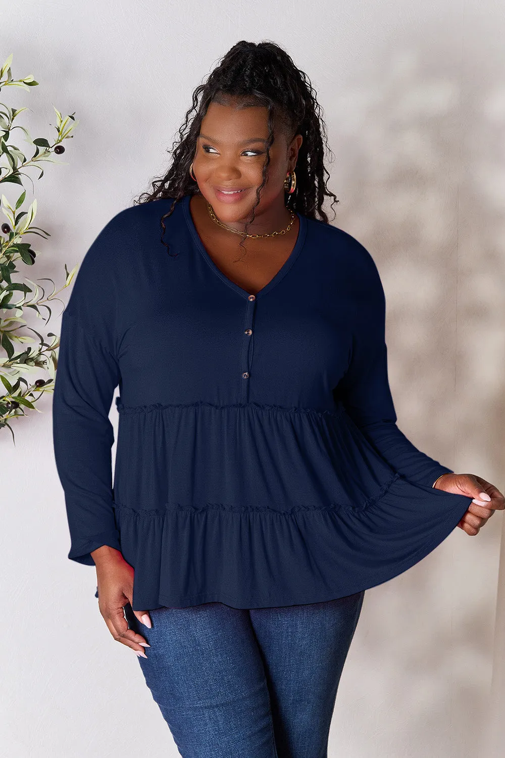 Polly Half Button Long Sleeve Ruffle Hem Top