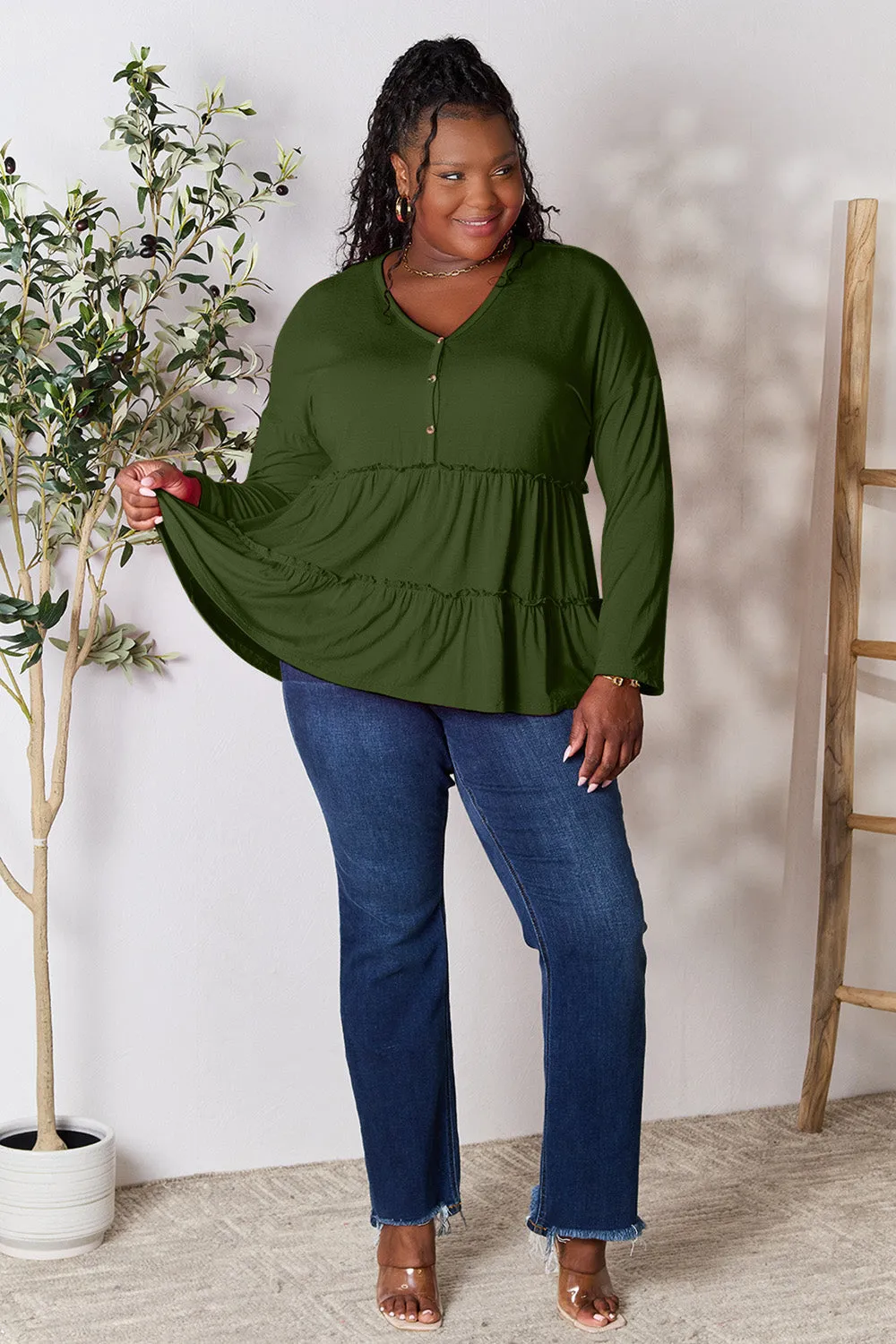 Polly Half Button Long Sleeve Ruffle Hem Top