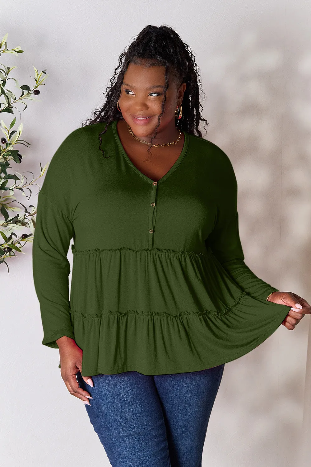Polly Half Button Long Sleeve Ruffle Hem Top