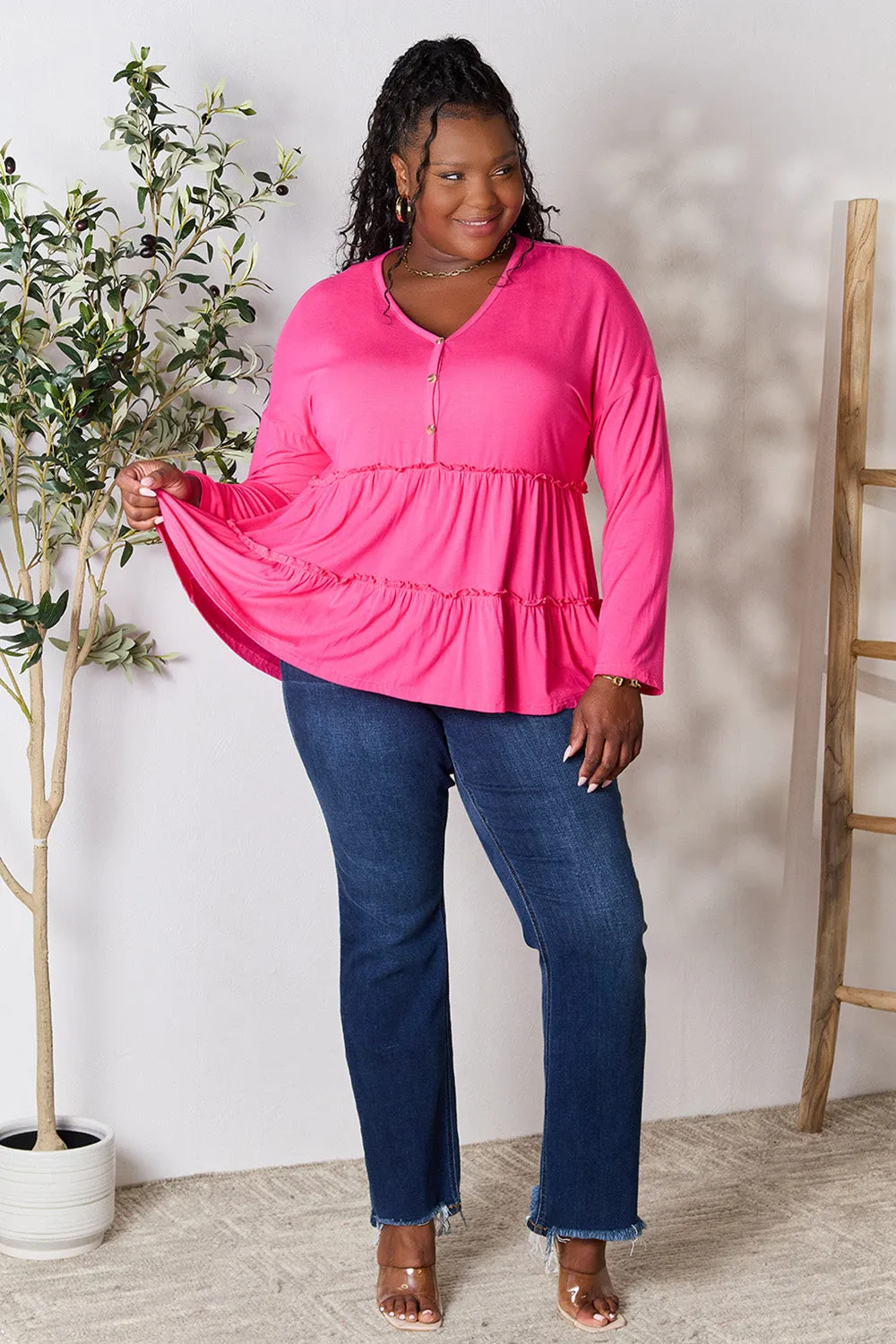 Polly Half Button Long Sleeve Ruffle Hem Top