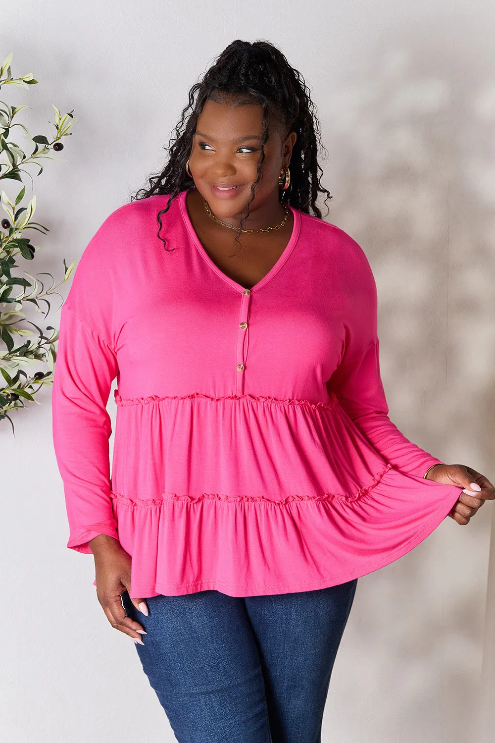 Polly Half Button Long Sleeve Ruffle Hem Top