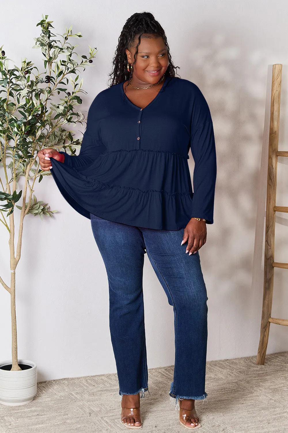 Polly Half Button Long Sleeve Ruffle Hem Top