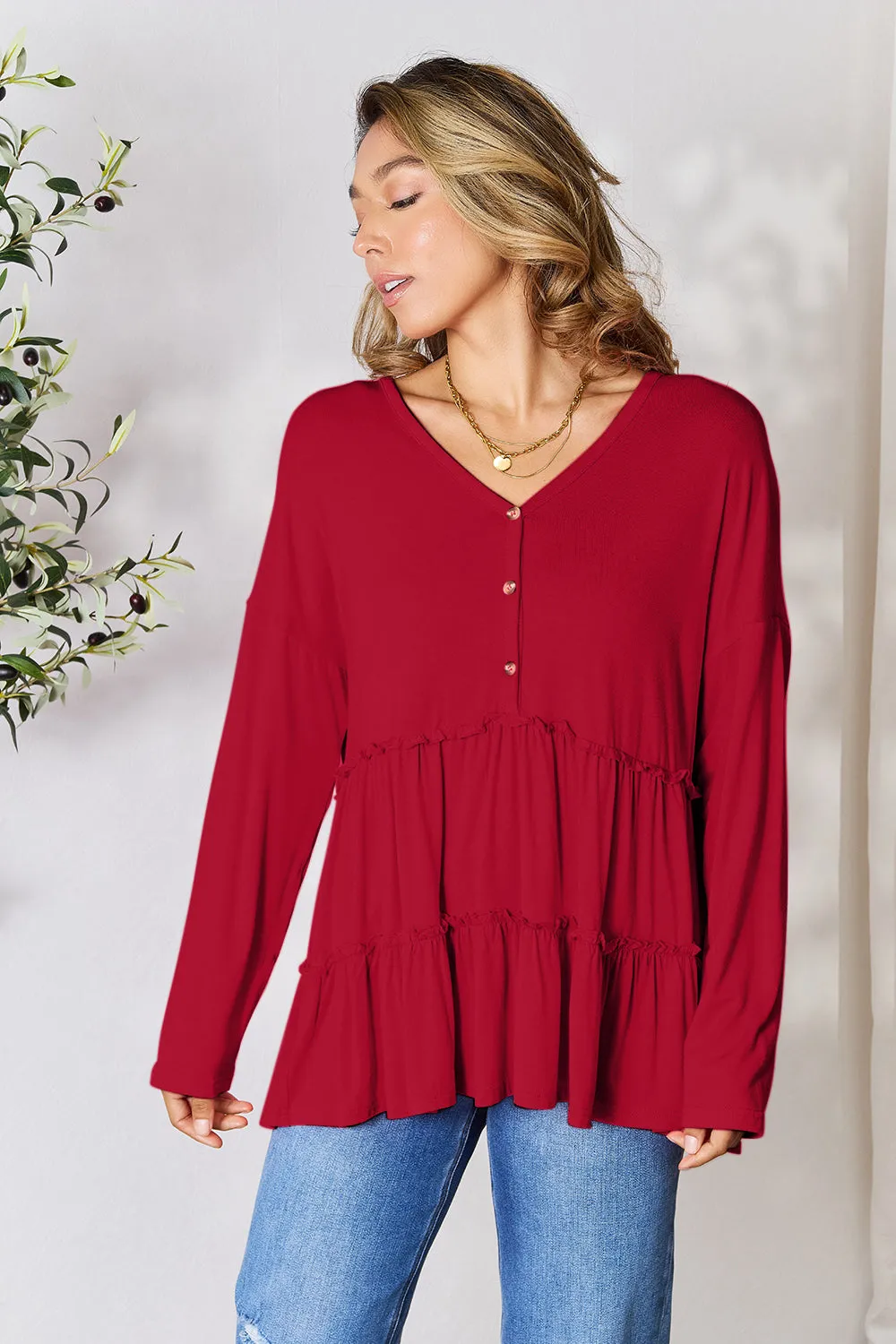 Polly Half Button Long Sleeve Ruffle Hem Top