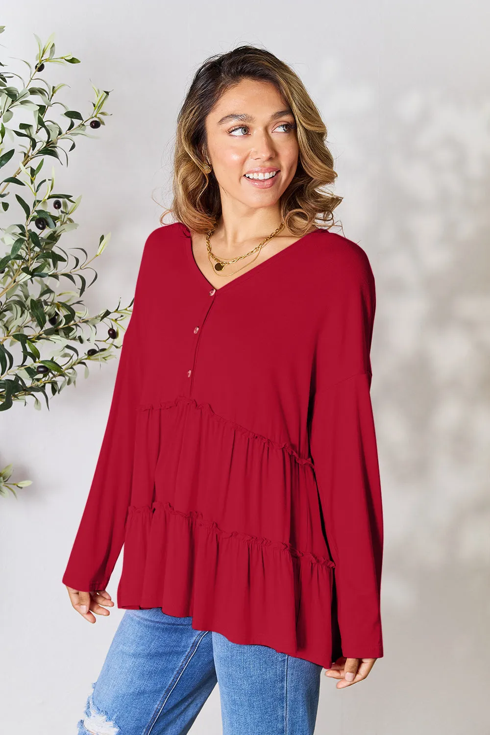 Polly Half Button Long Sleeve Ruffle Hem Top