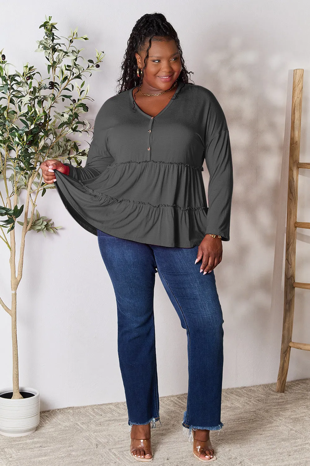 Polly Half Button Long Sleeve Ruffle Hem Top