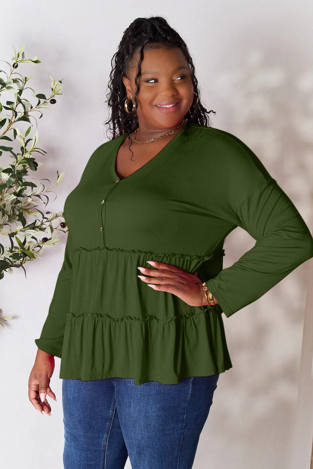Polly Half Button Long Sleeve Ruffle Hem Top
