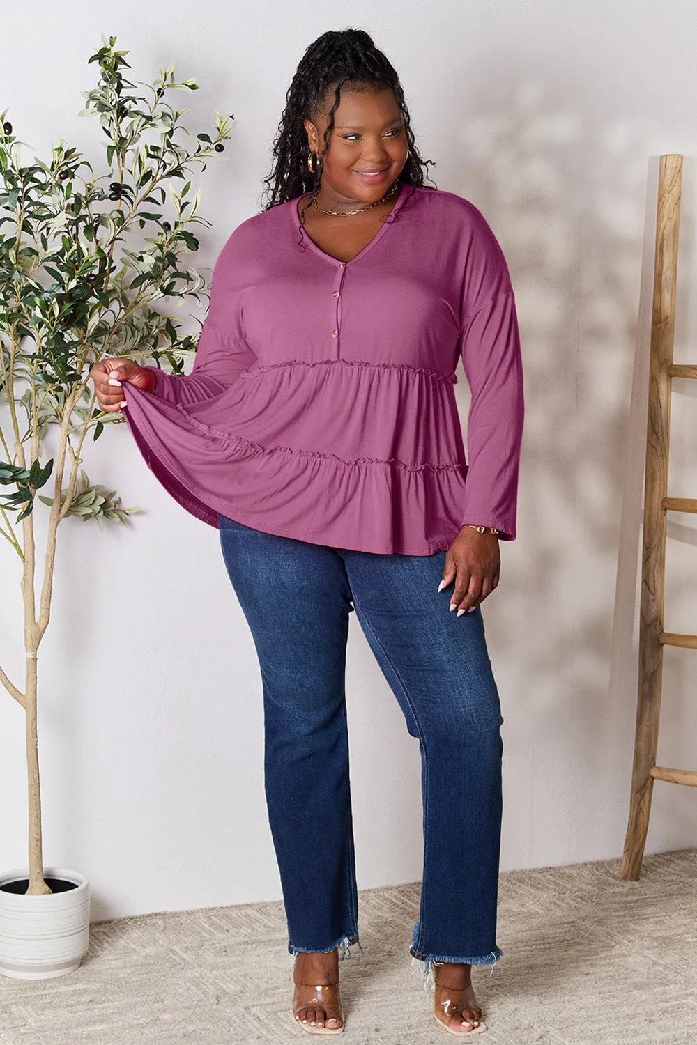 Polly Half Button Long Sleeve Ruffle Hem Top