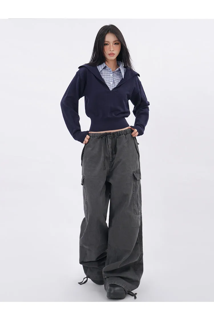 Polo collar plaid fake two-piece sweatshirt