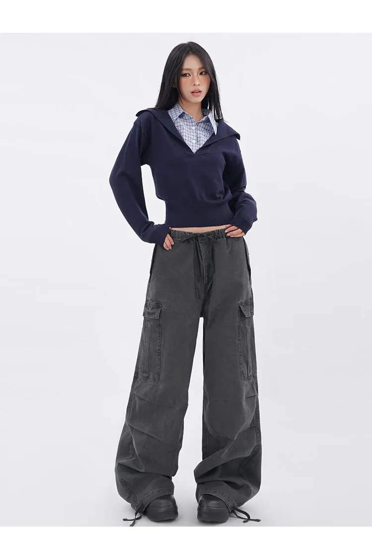 Polo collar plaid fake two-piece sweatshirt