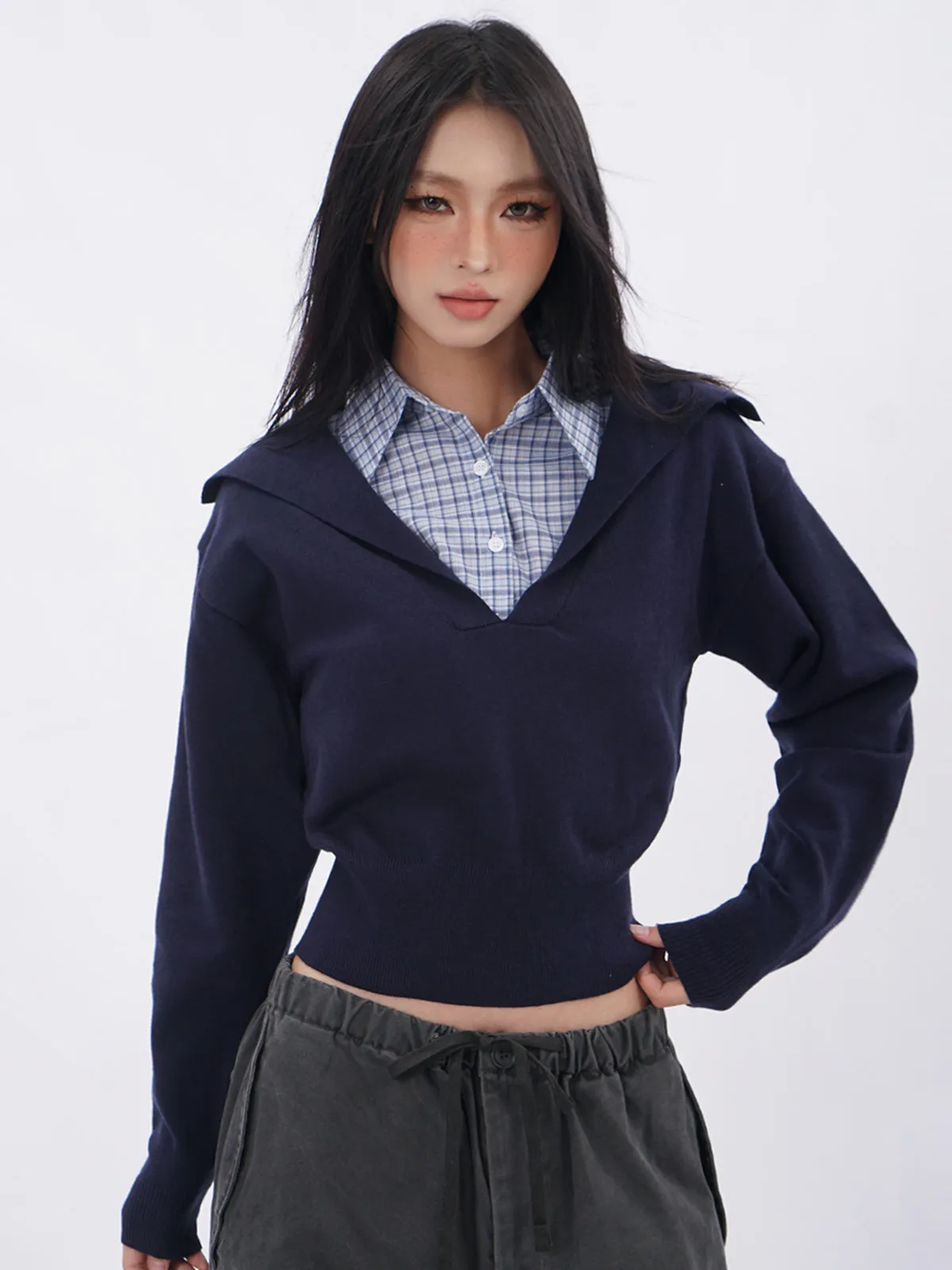 Polo collar plaid fake two-piece sweatshirt