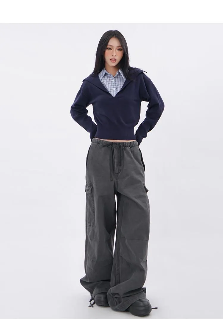 Polo collar plaid fake two-piece sweatshirt