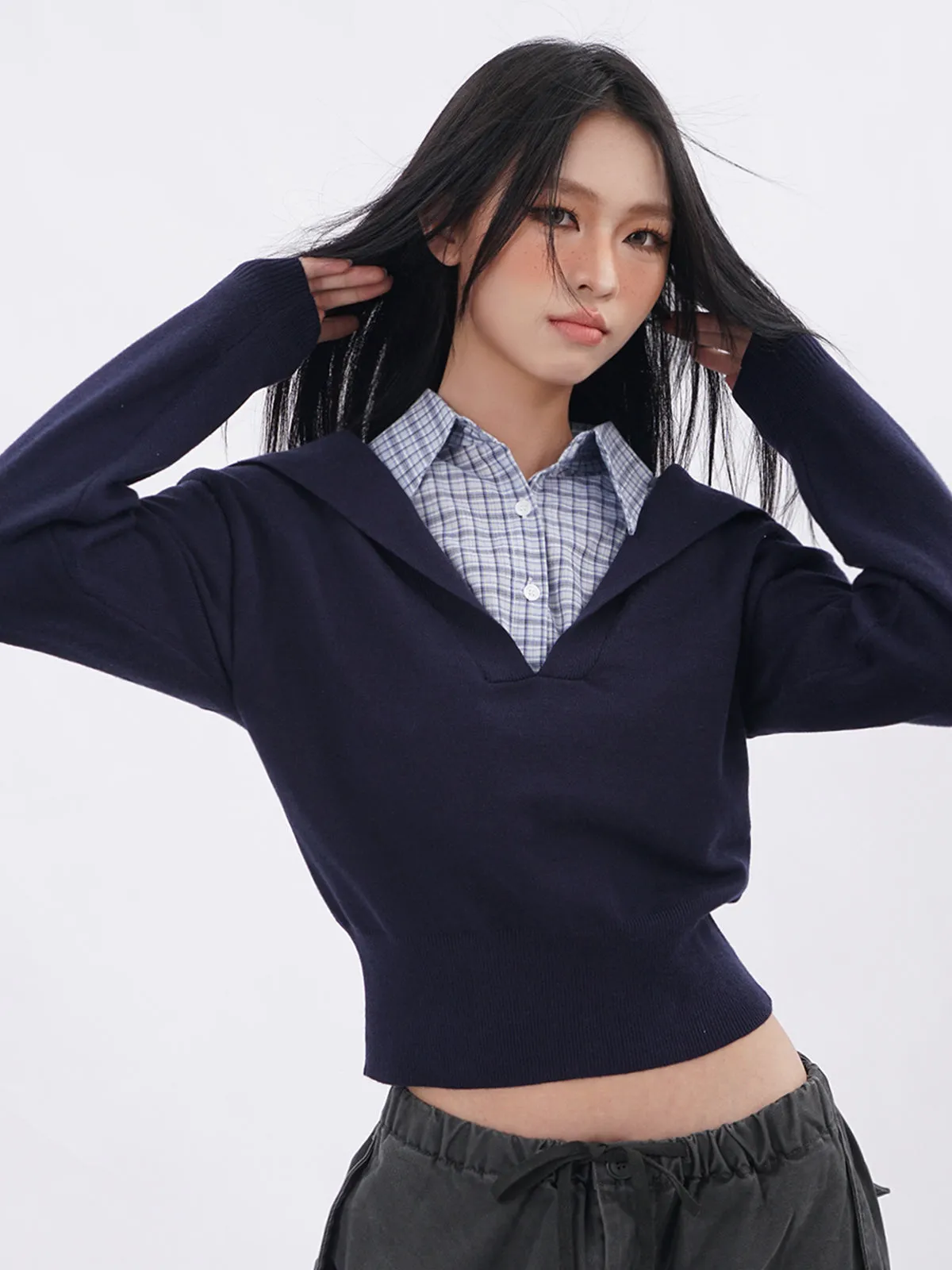 Polo collar plaid fake two-piece sweatshirt