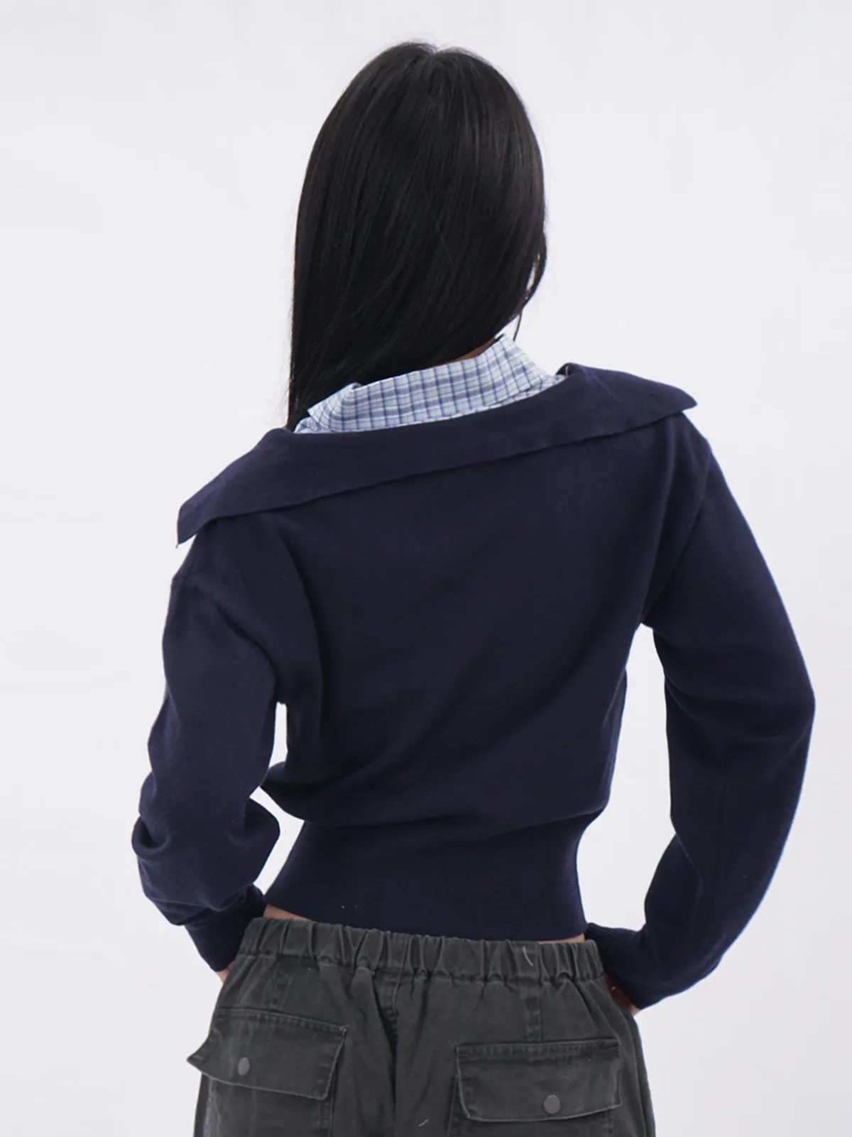 Polo collar plaid fake two-piece sweatshirt