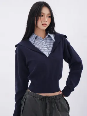 Polo collar plaid fake two-piece sweatshirt