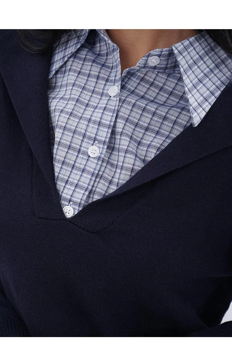 Polo collar plaid fake two-piece sweatshirt