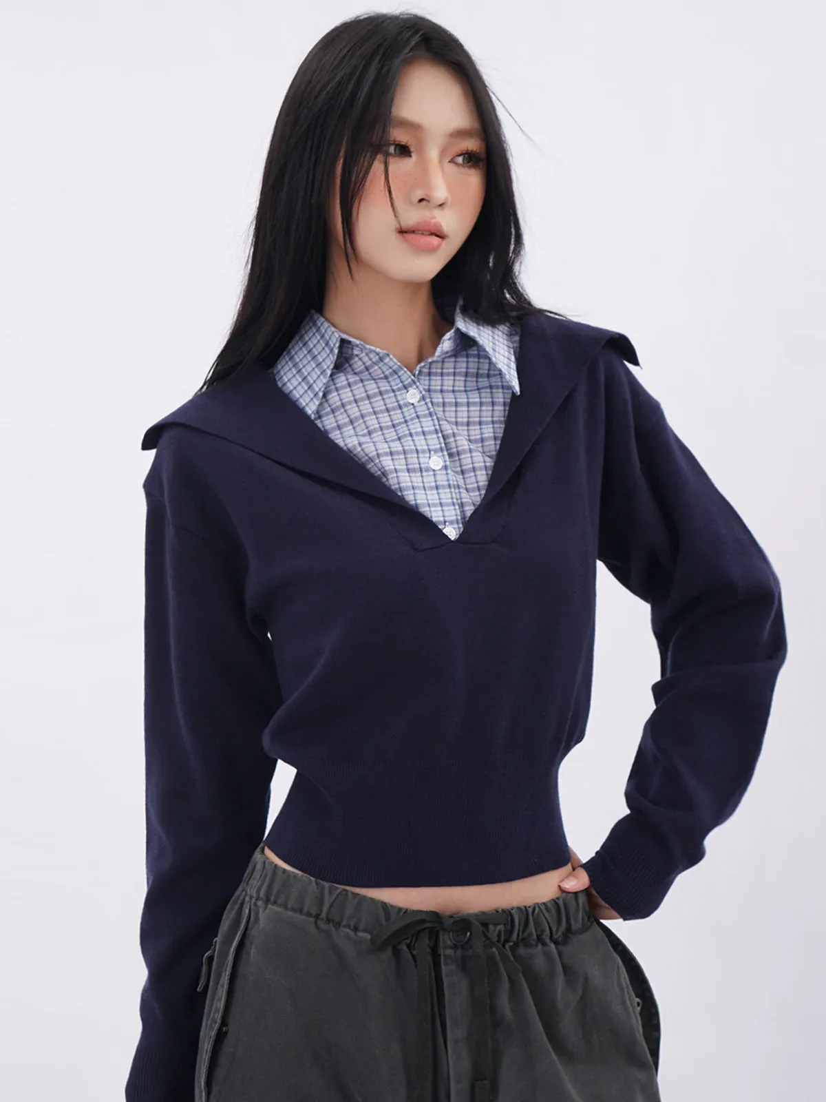 Polo collar plaid fake two-piece sweatshirt