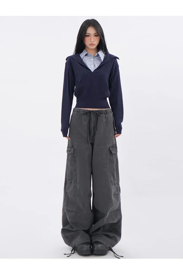 Polo collar plaid fake two-piece sweatshirt