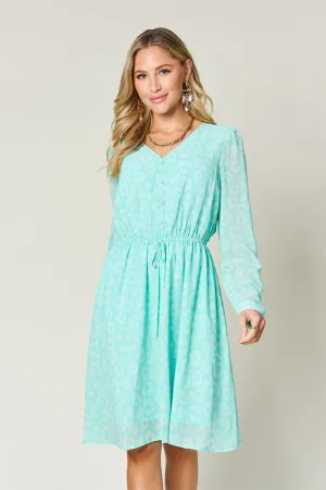PREORDER Printed Ruched V-Neck Long Sleeve Dress