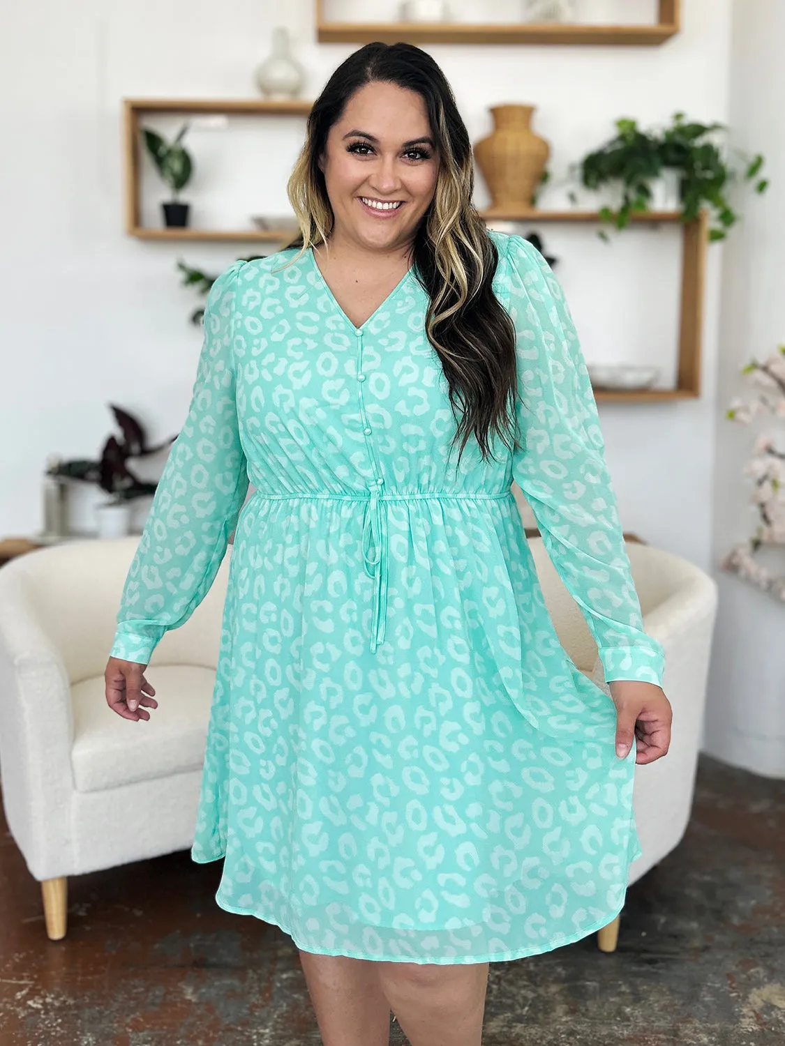 PREORDER Printed Ruched V-Neck Long Sleeve Dress