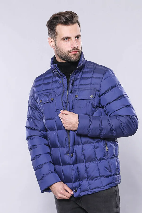 Quilted Blue Men Winter Coat - Wessi