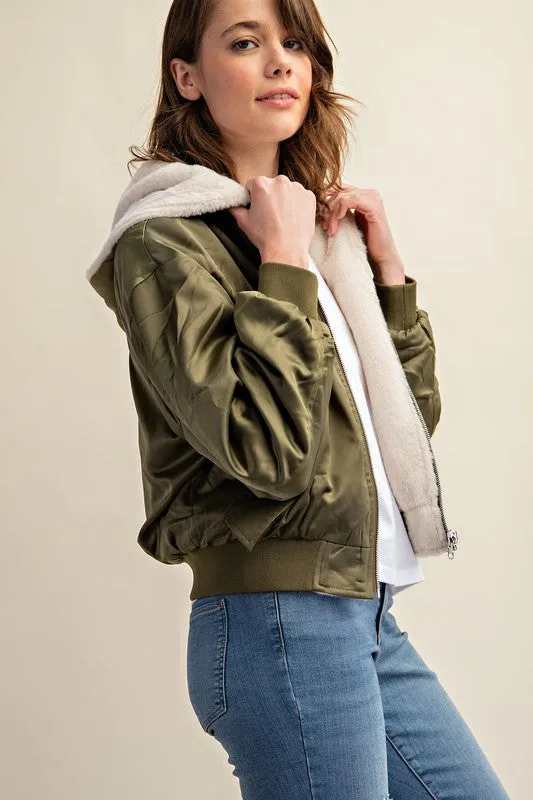 Raakhi Reversible Fur Lined Bomber Jacket - Hooded, Black & Olive