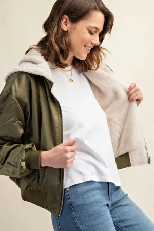 Raakhi Reversible Fur Lined Bomber Jacket - Hooded, Black & Olive