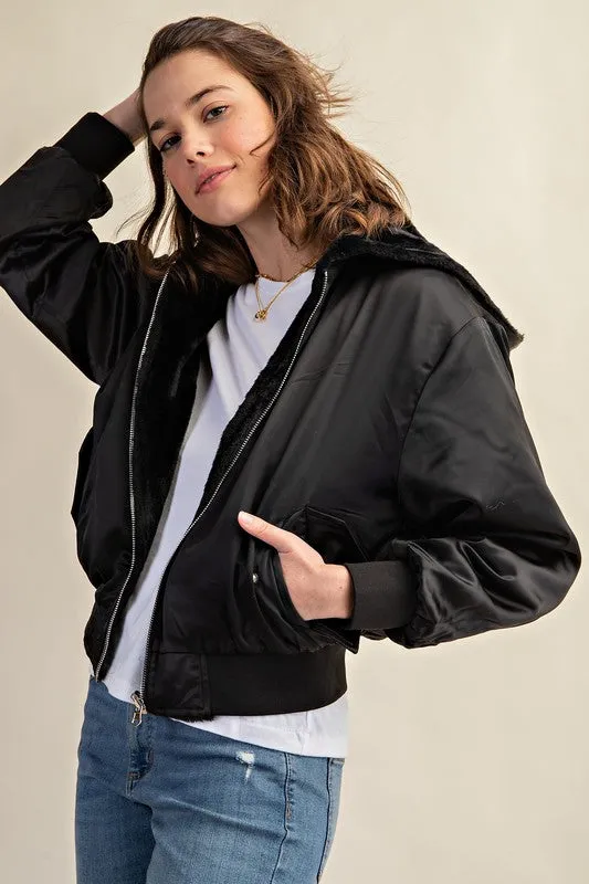 Raakhi Reversible Fur Lined Bomber Jacket - Hooded, Black & Olive
