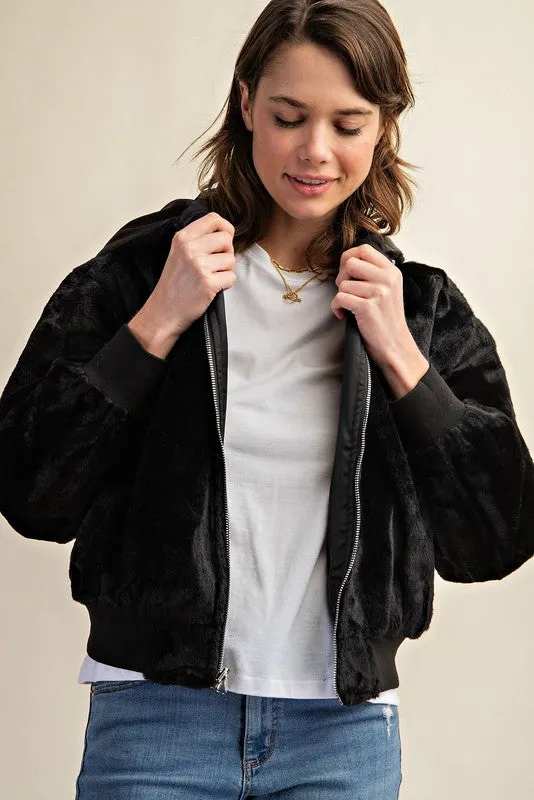Raakhi Reversible Fur Lined Bomber Jacket - Hooded, Black & Olive