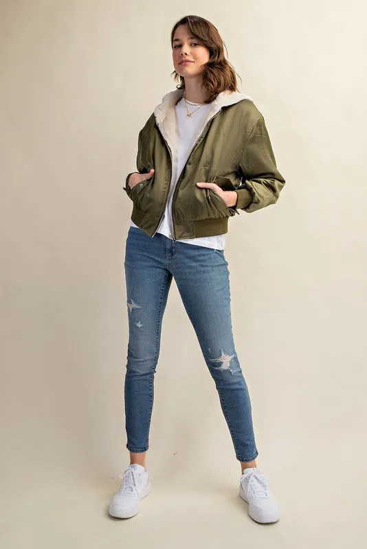 Raakhi Reversible Fur Lined Bomber Jacket - Hooded, Black & Olive