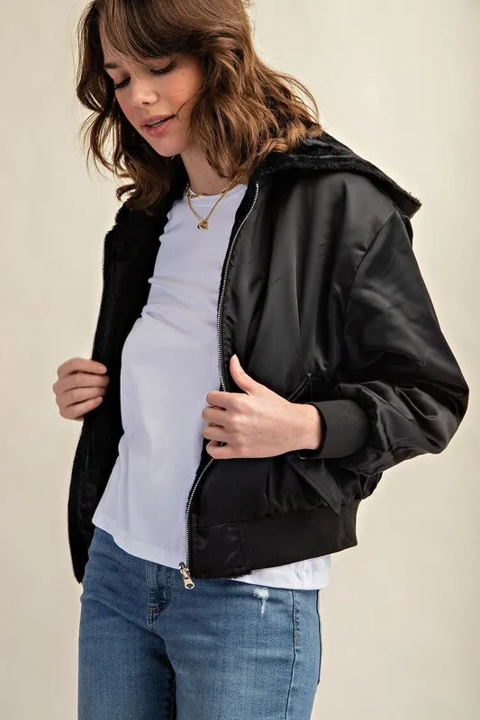 Raakhi Reversible Fur Lined Bomber Jacket - Hooded, Black & Olive