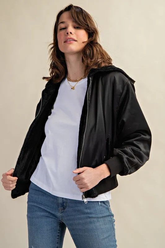 Raakhi Reversible Fur Lined Bomber Jacket - Hooded, Black & Olive