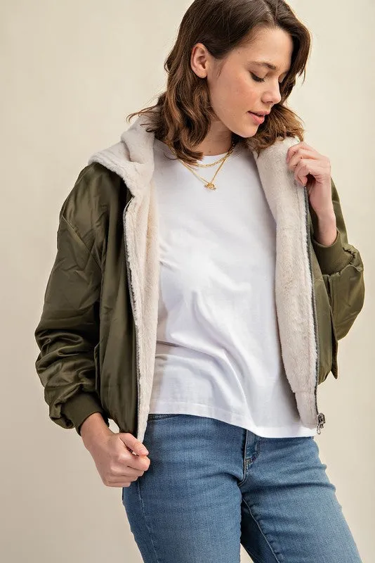 Raakhi Reversible Fur Lined Bomber Jacket - Hooded, Black & Olive