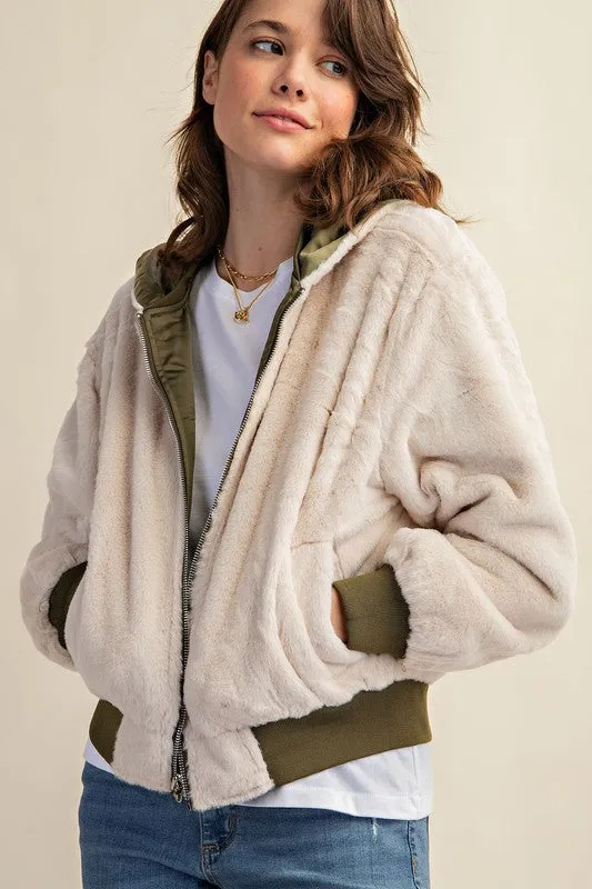 Raakhi Reversible Fur Lined Bomber Jacket - Hooded, Black & Olive