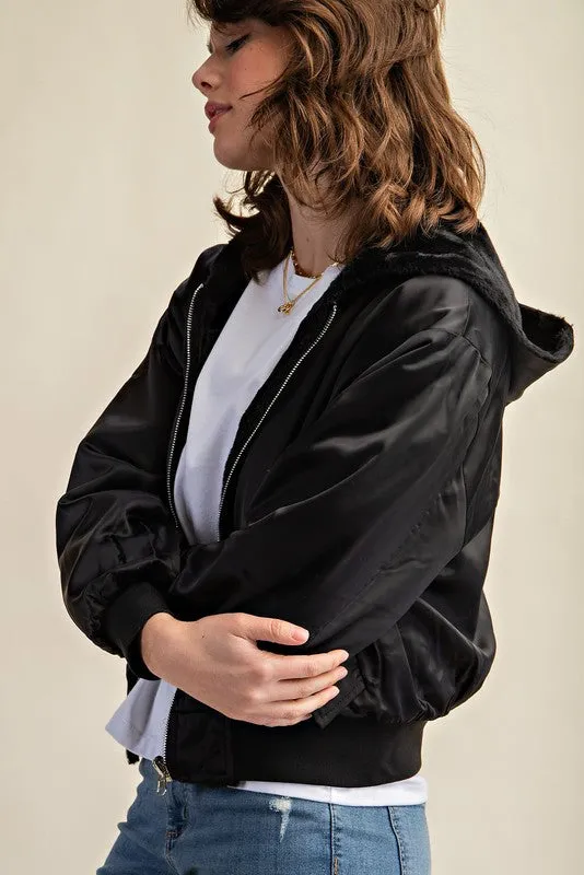 Raakhi Reversible Fur Lined Bomber Jacket - Hooded, Black & Olive