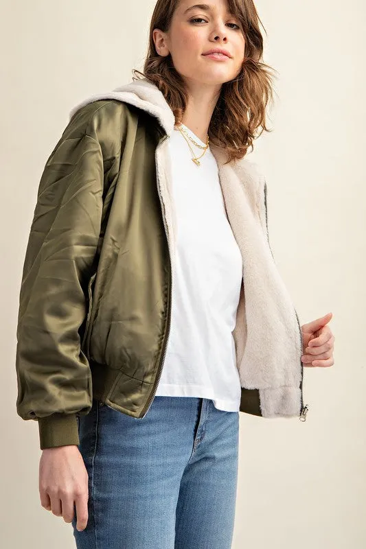 Raakhi Reversible Fur Lined Bomber Jacket - Hooded, Black & Olive
