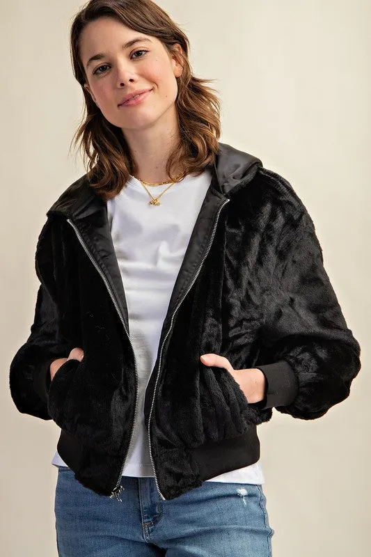 Raakhi Reversible Fur Lined Bomber Jacket - Hooded, Black & Olive
