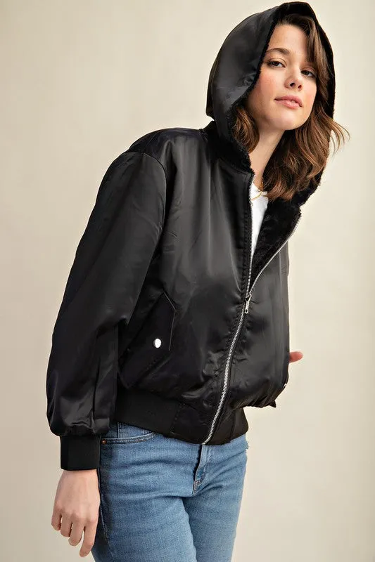 Raakhi Reversible Fur Lined Bomber Jacket - Hooded, Black & Olive