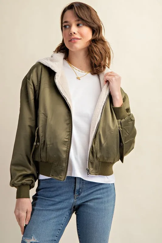 Raakhi Reversible Fur Lined Bomber Jacket - Hooded, Black & Olive