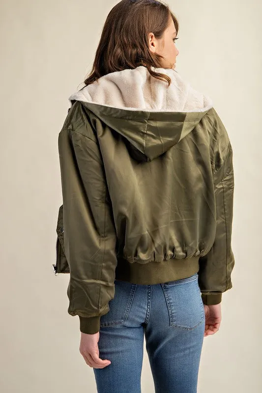 Raakhi Reversible Fur Lined Bomber Jacket - Hooded, Black & Olive