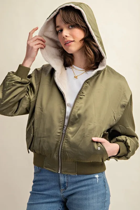 Raakhi Reversible Fur Lined Bomber Jacket - Hooded, Black & Olive
